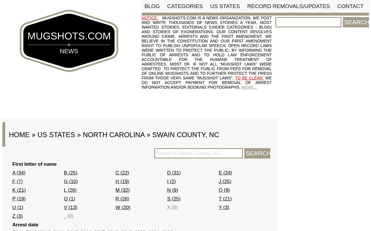 Historical navigation on the unofficial Mugshots.com Swain County archive