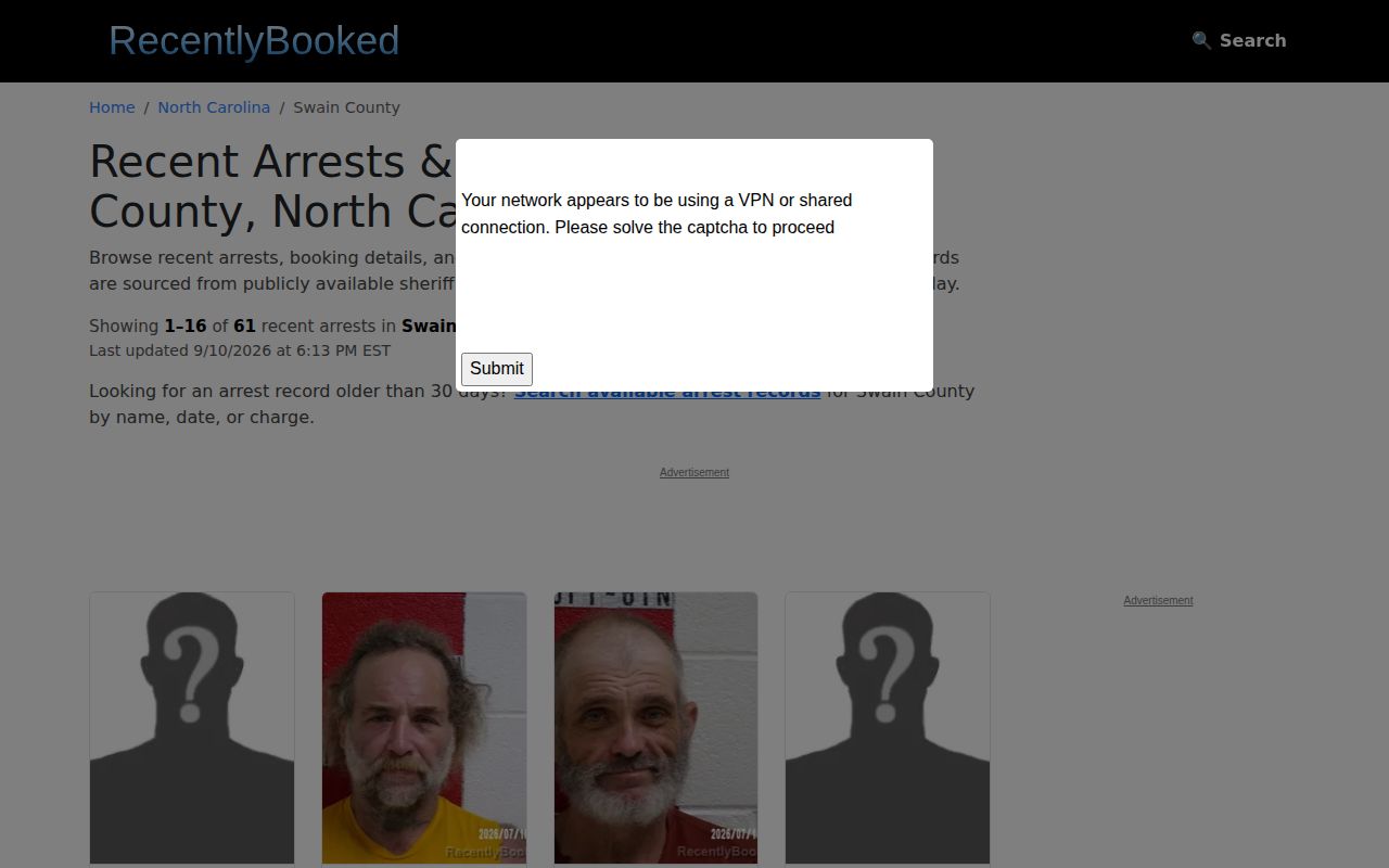RecentlyBooked Swain County interface captured without presenting a mugshot gallery