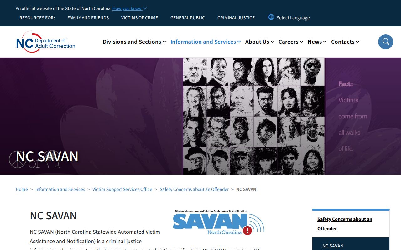 NC SAVAN custody notification registration screen
