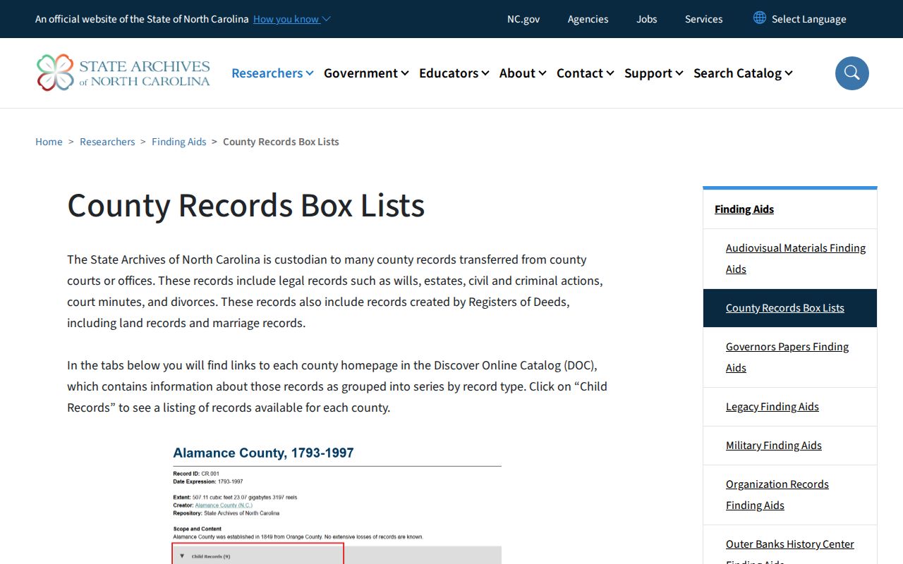 North Carolina State Archives county records navigation